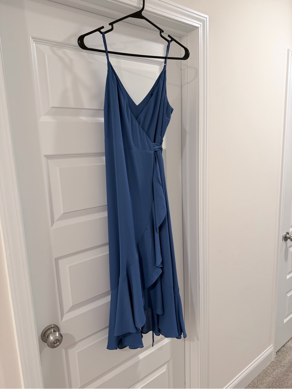 Lulus Blue Wrap Midi Dress with Ruffle Hem